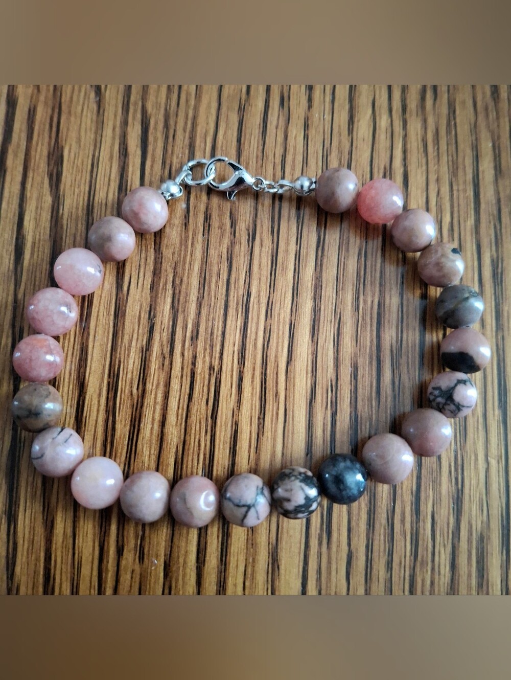 Rhodonite Natural Stone Beaded Bracelet 8"